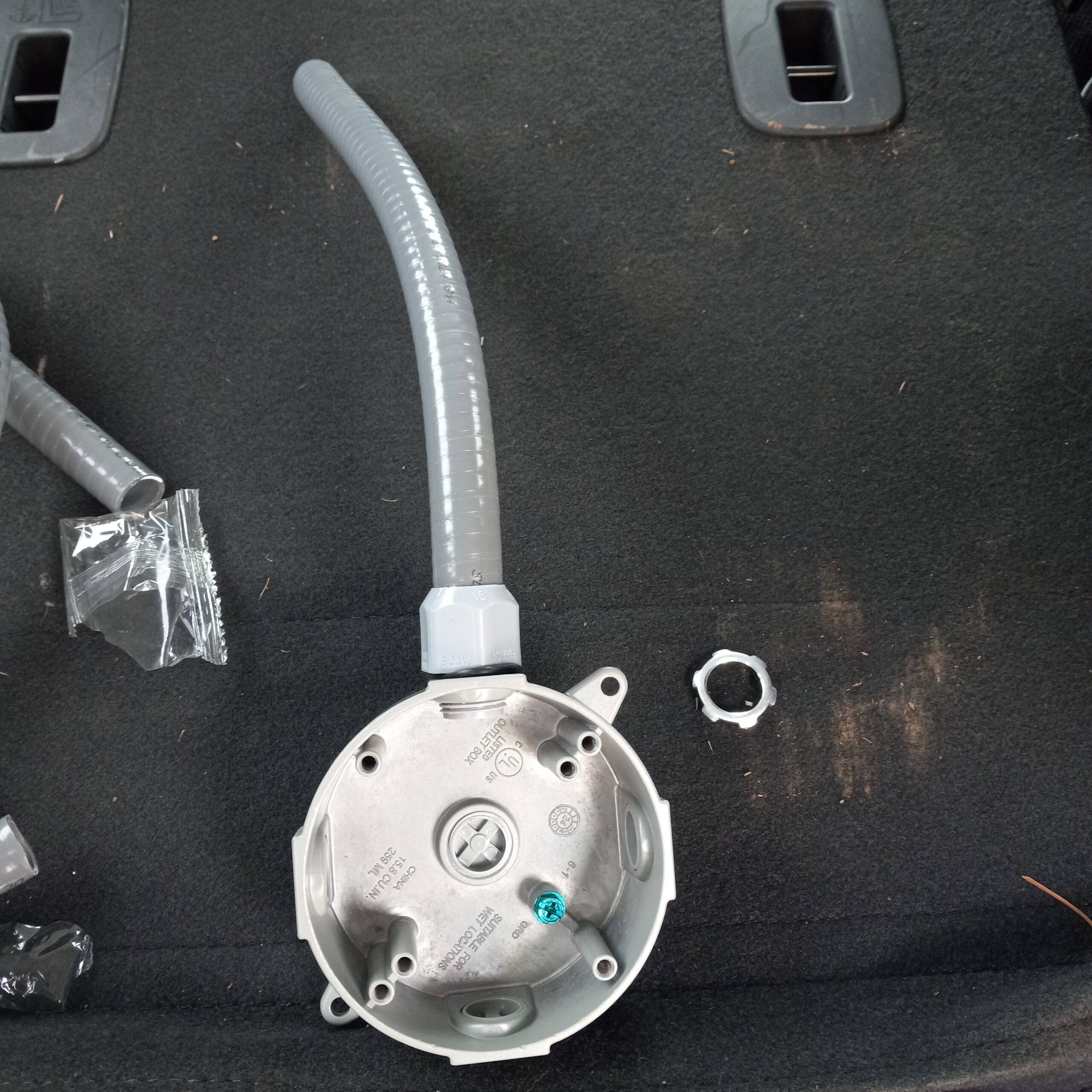 : "3 O bell box prepared for mounting with preinstalled seal tight connector and 12-inch piece of sealtight